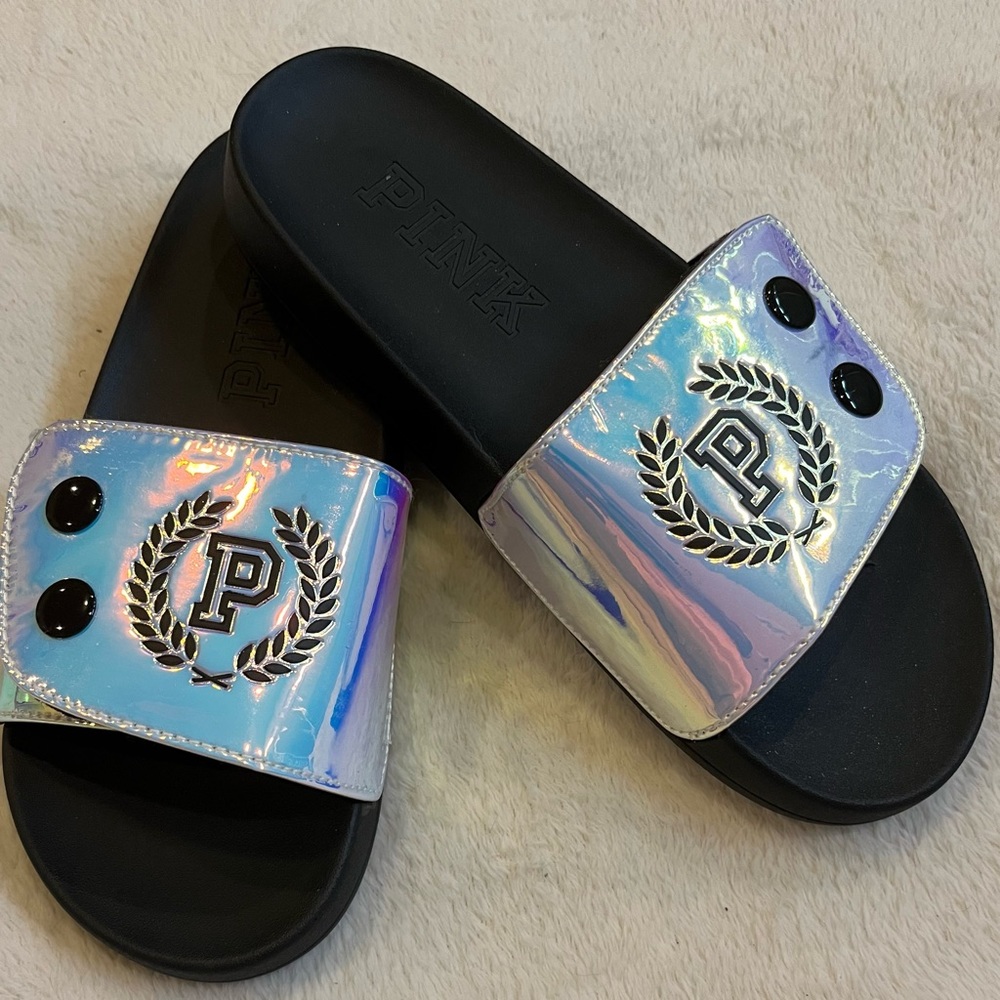 🆕 VS Pink Iridescent Velcro Slides